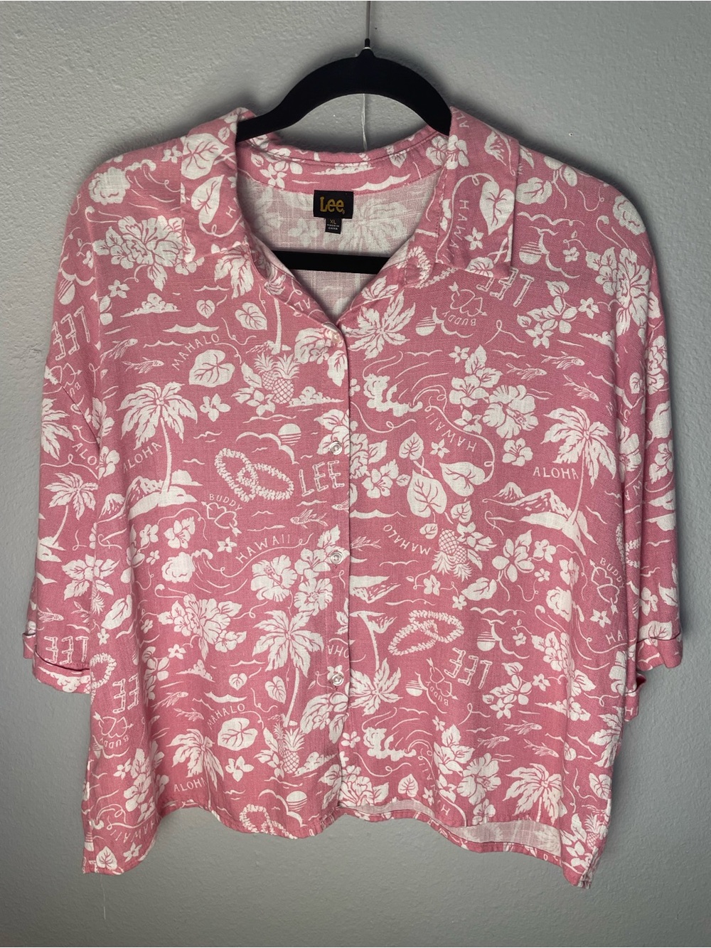 Lee Hawaiian Aloha Shirt Women XL Pink Linen Blend Tropical Resort